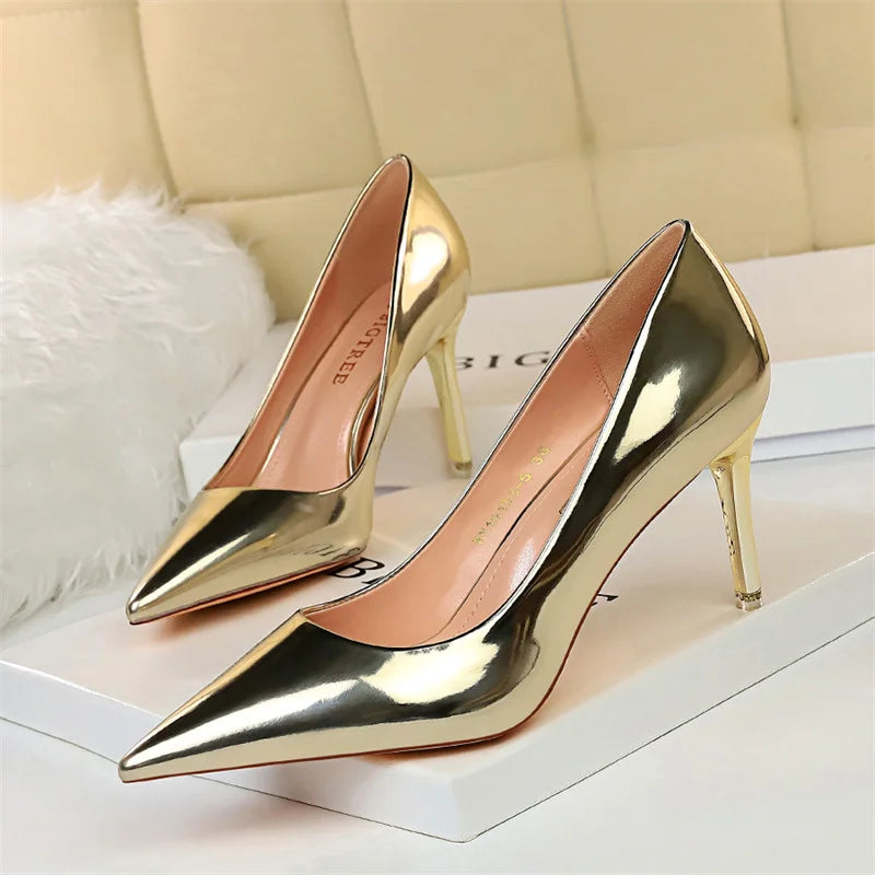 Fashion Metal Women Patent Leather Shallow Mouth Thin High Heel Shoes Elegant Comfort Pointed Toe Gold Silver Party Heel Pumps