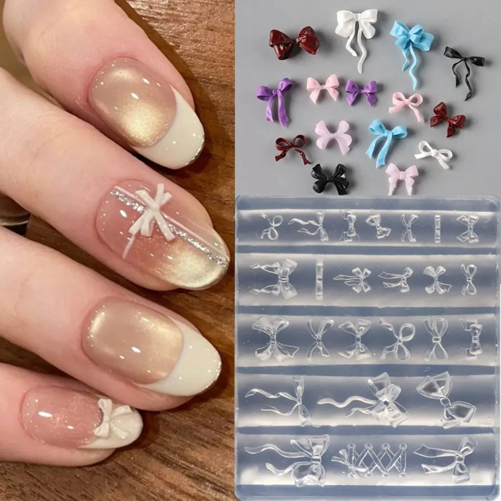 3D Bowknot Silicone Nail Mold Ballet Ribbon Tie Nail Charms Transparent Nails Template Carving Bowtie Manicure Stencil Tool