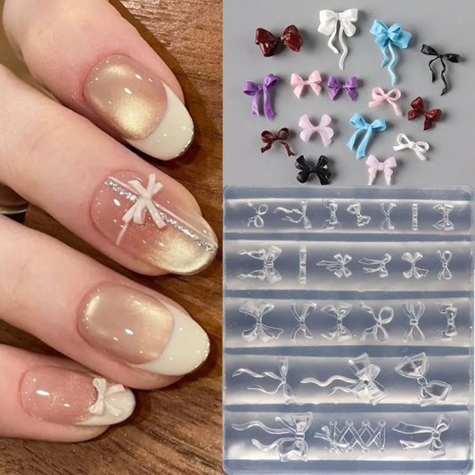 3D Bowknot Silicone Nail Mold Ballet Ribbon Tie Nail Charms Transparent Nails Template Carving Bowtie Manicure Stencil Tool