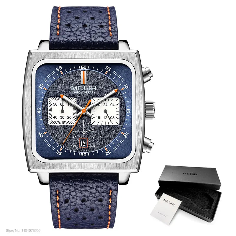 MEGIR Square Dial Chronograph Quartz Watches for Men Fashion Blue Leather Strap Casual Sport Wristwatch with Date 24-hour 2182