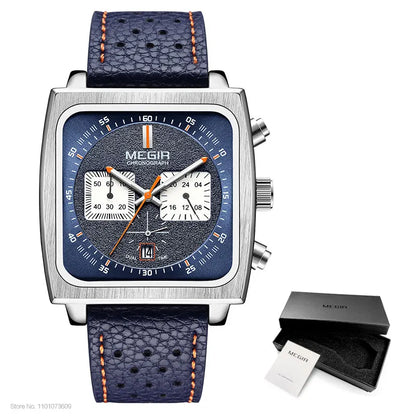 MEGIR Square Dial Chronograph Quartz Watches for Men Fashion Blue Leather Strap Casual Sport Wristwatch with Date 24-hour 2182