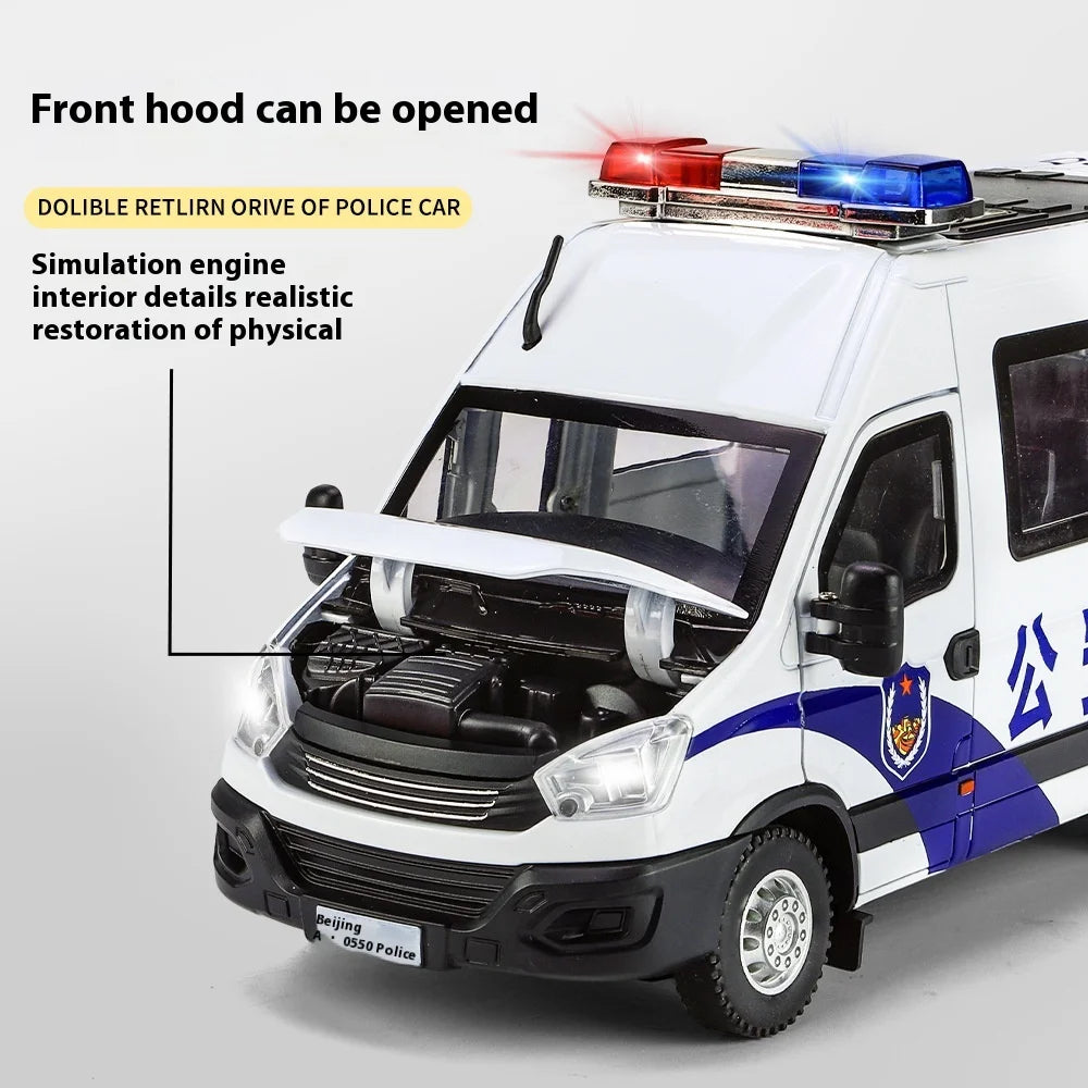 1:24 Scale IVECO Police Alloy Car Diecast Metal Model Sound & Light Pull Back Toy Interior Ornaments Children Toy Gifts Doiplay