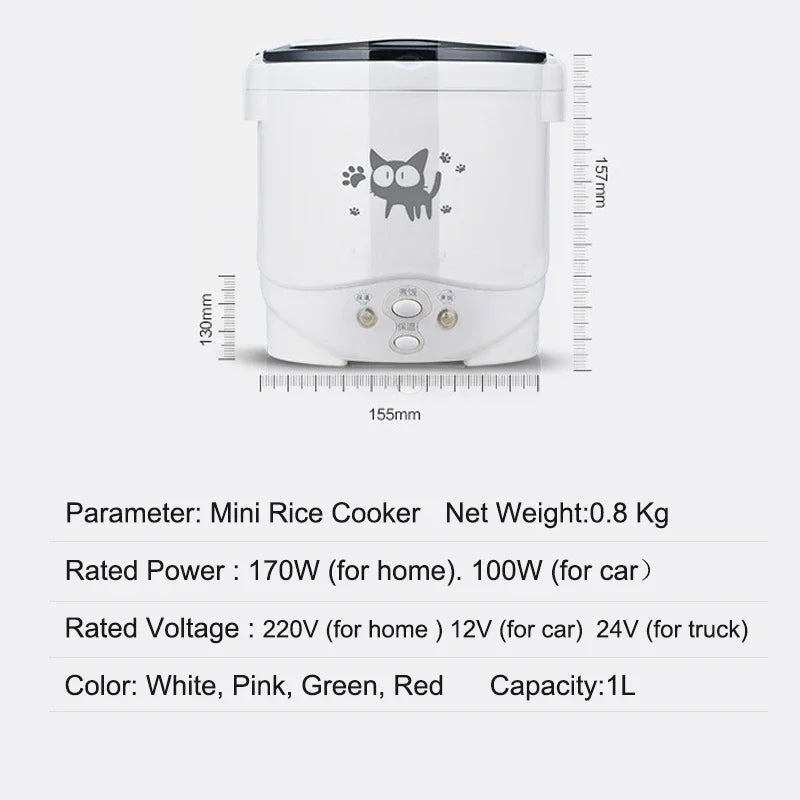 1L Car Mini Rice Cooker Multi-function Electric Water Food Heater Machine Lunch Box Warmer 2 Persons For Home Car SUV Truck