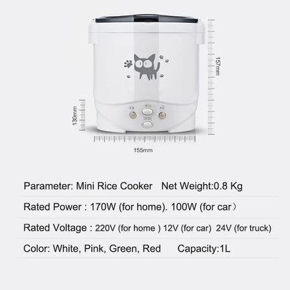 1L Car Mini Rice Cooker Multi-function Electric Water Food Heater Machine Lunch Box Warmer 2 Persons For Home Car SUV Truck