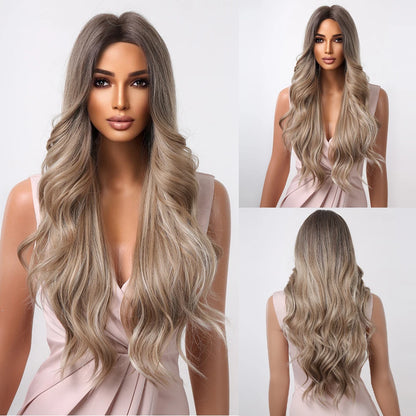 ALAN EATON Long Curly Wavy Synthetic Wigs for Women Brown to Blonde Ombre Hair Wig Ntural Middle Parted Party Wig Heat Resistant