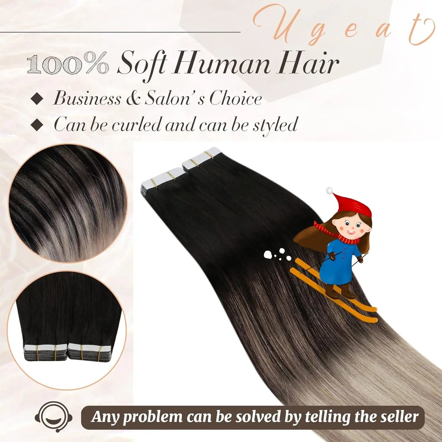Ugeat Tape in Hair Extensions Balayage Natural Black to Ash Blonde Tape in Hair Extensions Platinum Blonde Tape in Hair for Wome