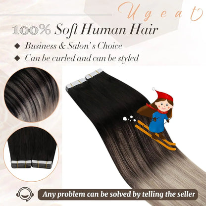 Ugeat Tape in Hair Extensions Balayage Natural Black to Ash Blonde Tape in Hair Extensions Platinum Blonde Tape in Hair for Wome