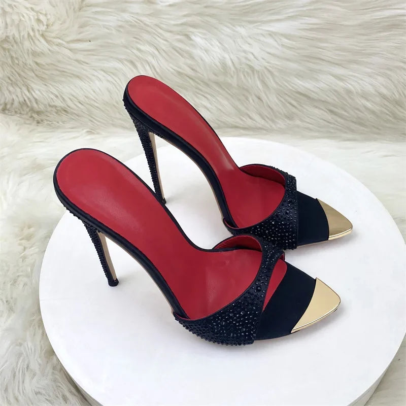 Crystal Black Shiny Fashion Women Sandals Slip on 12cm High Heels Slides Wedding Sexy Shoes Woman Slippers Plus Size 33-45