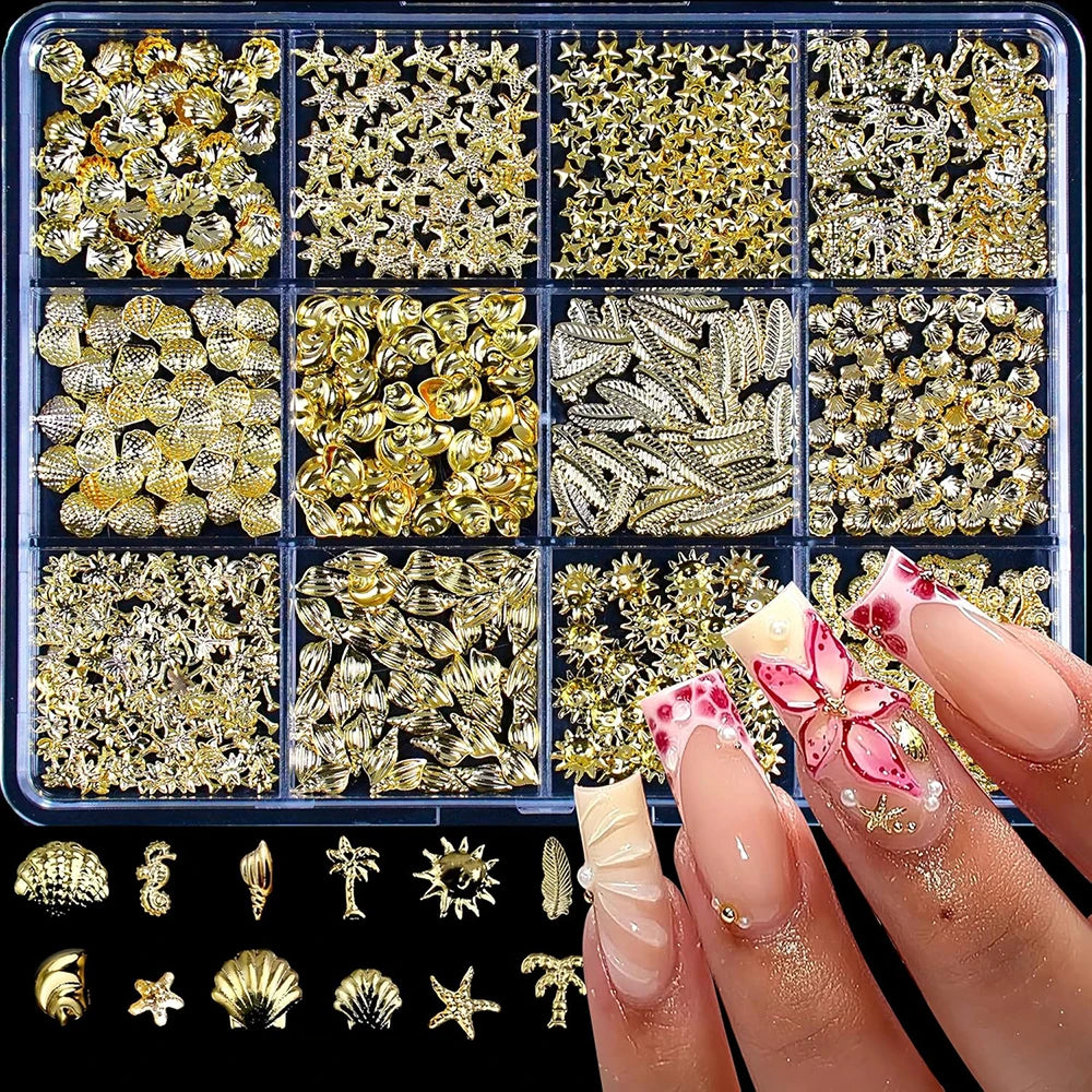 12 Shapes Mix Metal Nail Art Studs 3D Ocean Theme Design Gold Shell Seahorse Starfish Conch Alloy Nail Rivets Manicure Decor
