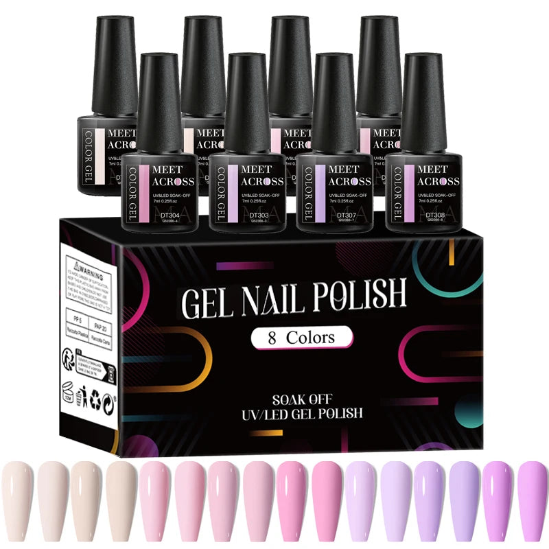 MEET ACROSS 8Pcs/Set Red Pink Gel Nail Polish Spring Colorful Laser Nail Art Gel Varnish Nail Supplies Manicure For Nails