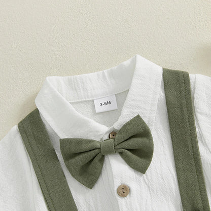 Toddler Baby Boy Gentleman Outfit Solid Color Short Sleeve Lapel Neck Romper with Suspender Shorts and Bowtie 3 Pcs Set