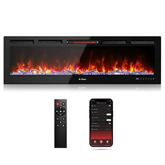 60" Smart WiFi Infrared Electric Fireplace with Realistic Flame & 1500W Quartz Heater Recessed or Wall Mounted Installation and