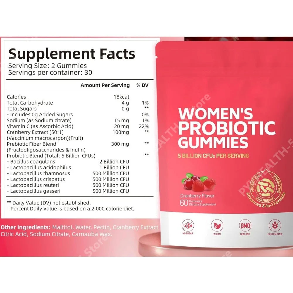 Women Probiotic Gummies with Prebiotic Fiber 5 Billion CFU Support Gut Digestive Balance Immune Defense Women PH Wellness 60 Ct