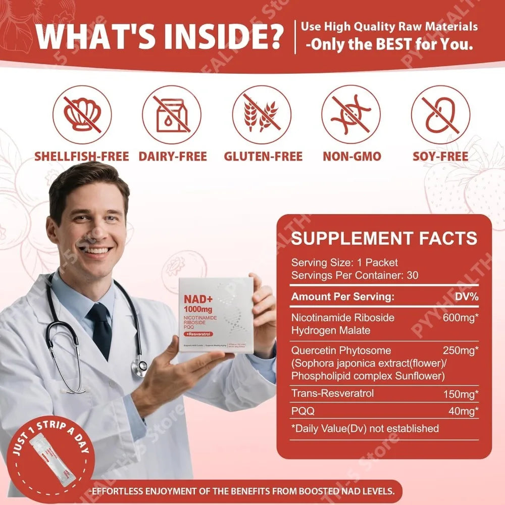 NAD+ Liquid Supplement, 1000mg High-Potency with Resveratrol PQQ, Support Cellular Energy, Focus 30 PCS