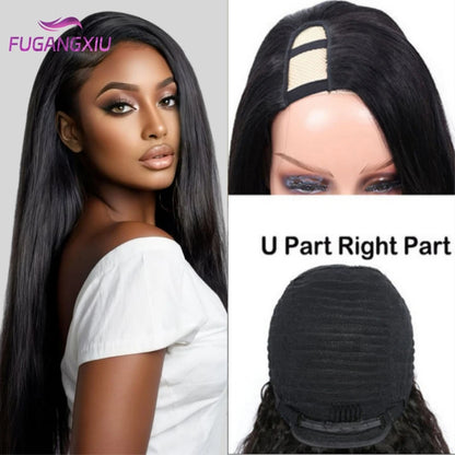 FUGANGXIU U Part Straight Wigs Human Hair No Leave Out 30 inches Glueless Wig Brazilian Hair Straight U Part Wig Natural Color
