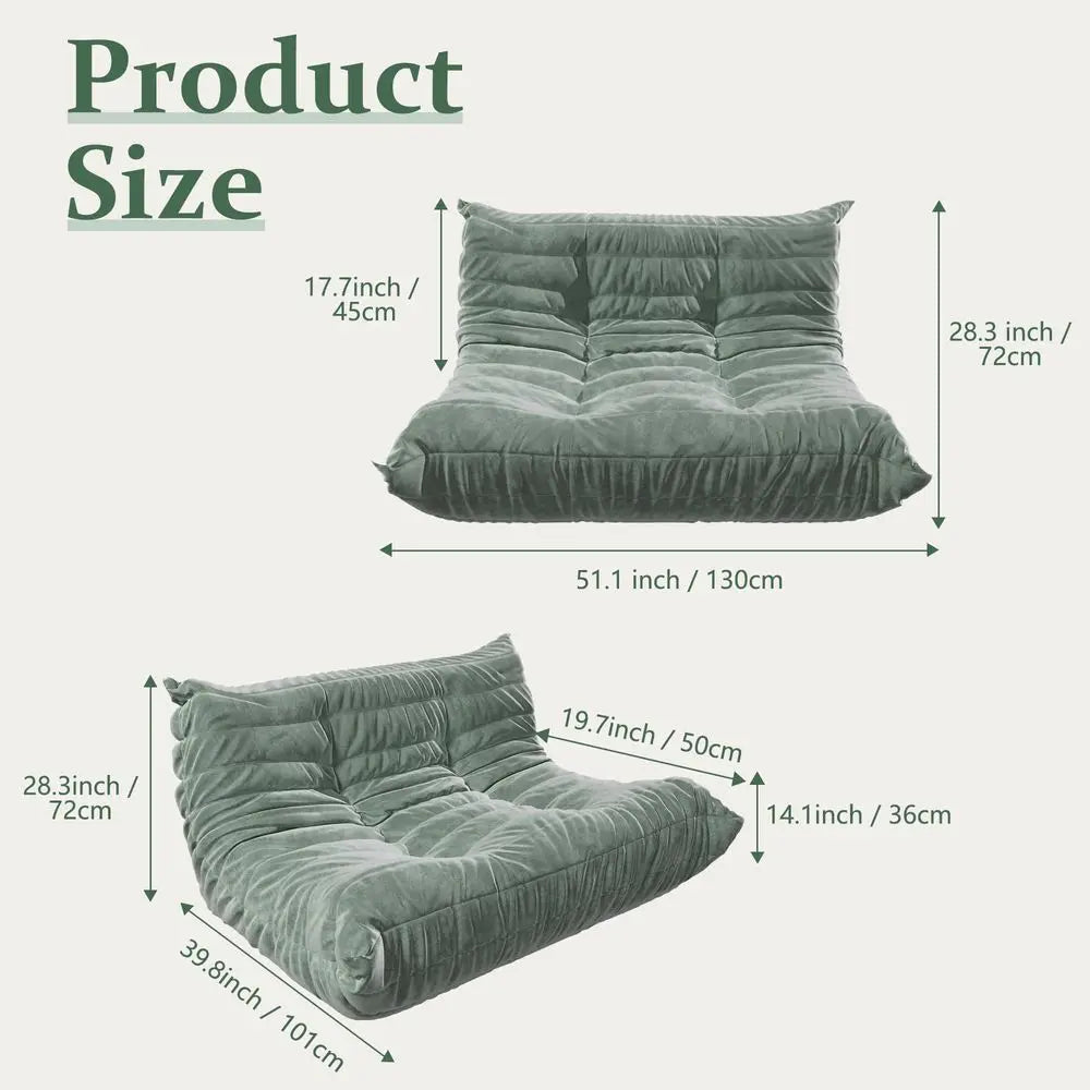 Bag Couch for Adults, Oversized Two People Bean Bag Chair with Foam Filler, Comfy Floor Sofa Loveseat with 2 Pillows, Lazy Pump