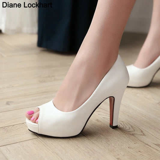 Women High Heels Party Platform Shoes Fish Mouth Spring Pumps Woman Pointed Toe Slip On Thin Heels Female Dress Shoes Plus Size