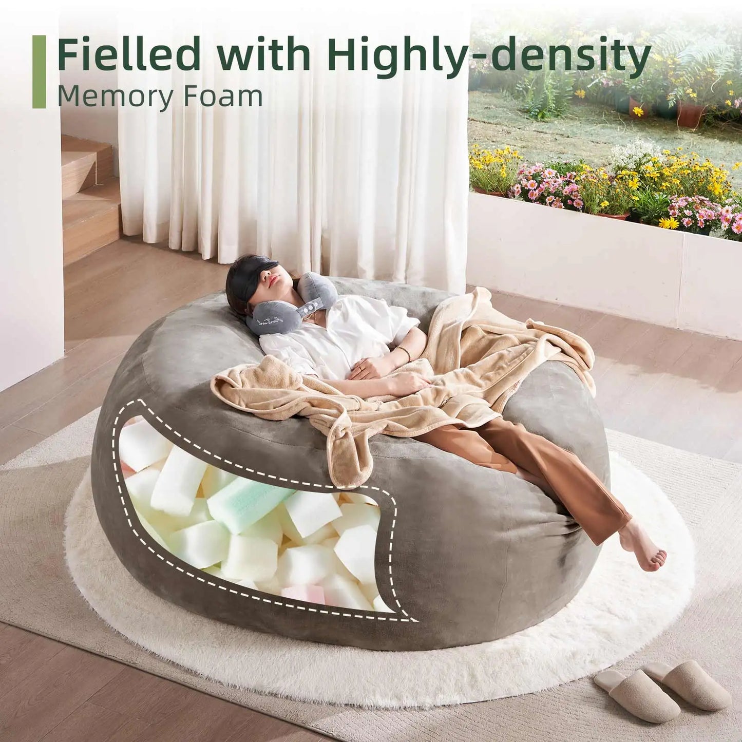 Bean Bag Chair 6 ft., filled with memory foam. Large bean bag chair suitable for adults, featuring a soft sofa with removable fl