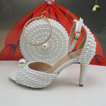 2024 New Arrival Customized White Female Sandals Bridal shoe bag set woman Thin Heel Big Pearl Girls fashion Sandals party Shoes