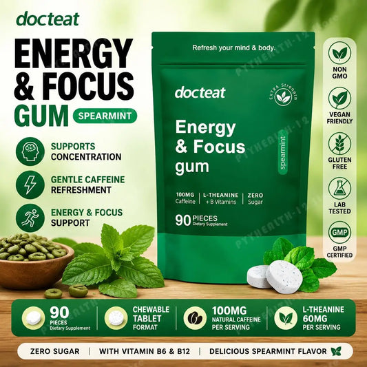 Docteat Energy & Focus Gum Chewable Tablets Zero Sugar with Green Coffee Extract, L-Theanine, Vitamin B6+B12 90 Chewable Tablets