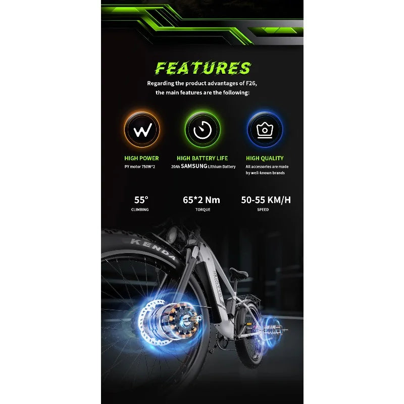 F26 Electric Bike 1500W Dual Motor 48V20AH Lithium Battery Aluminum Alloy Electric Bicycle 26*4.0-inch Fat Tire Mountain E-bike