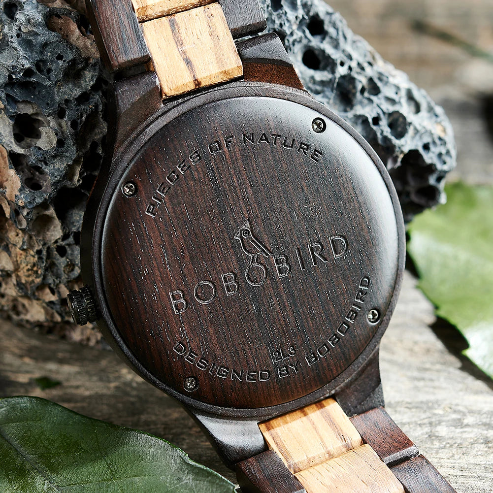BOBO BIRD Men's Wood Watch with Genuine Leaf, Original Wooden Clock, Customized Watch, Handmade Watch, Anniversary Gift for Man