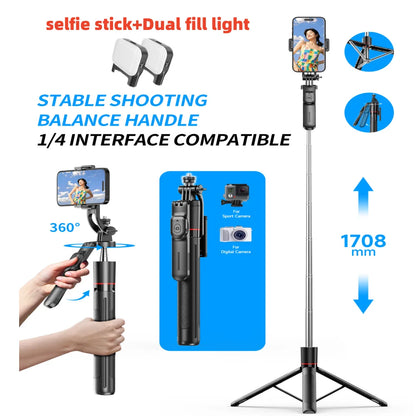 MEUYAG Selfie Stick Tripod with 1708mm Long Monopod Fill Light, Bluetooth Remote, 360° Rotation, 1/4 Interface, for mobile phone