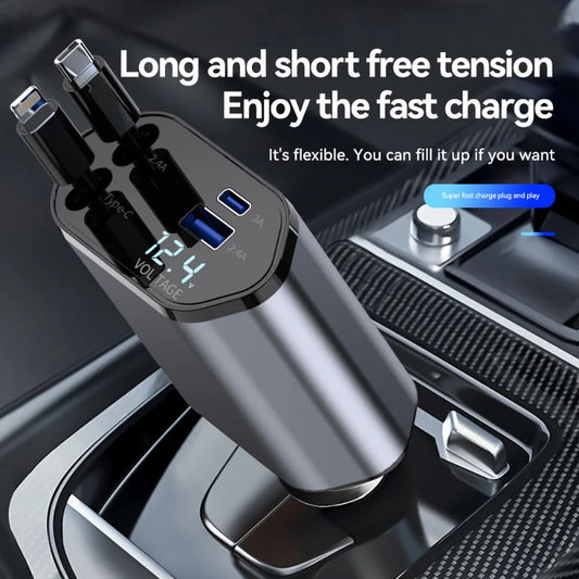 Car Charger 4 in 1 Fast Charging Car Charger 120W Retractable Cable 2 USB Ports Cars Charger Adapter Compatibles Car Accessories