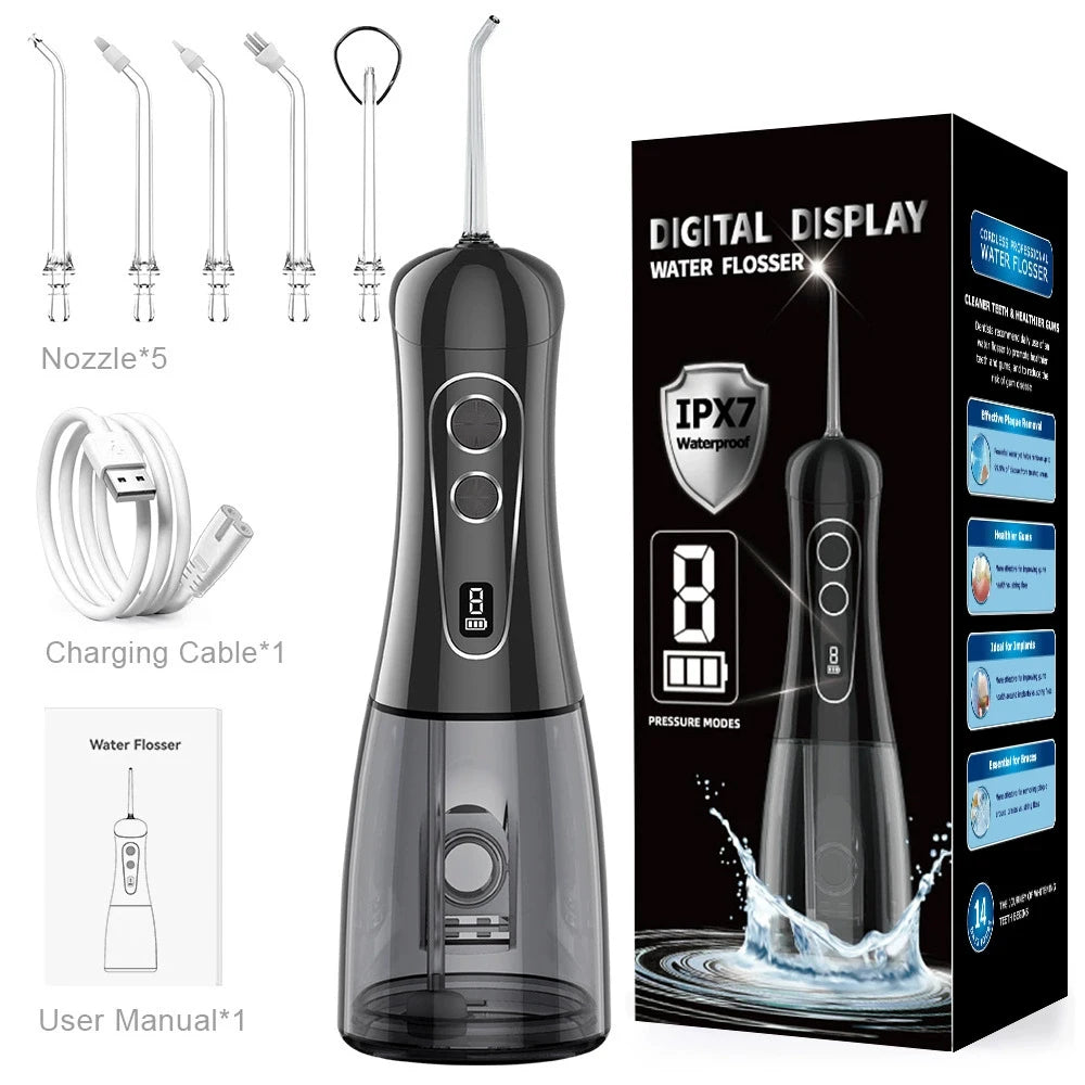 Electric Oral Irrigator 8 Modes Portable Water Flosser Rechargeable Waterproof Mouth Washing Machine 5 Jet Tips 400ML Water Tank