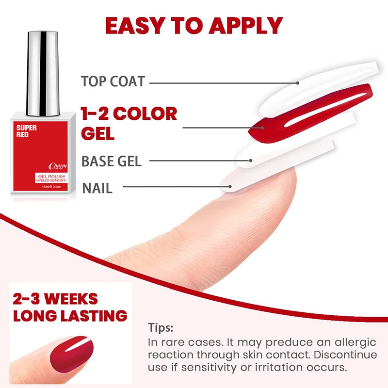 15ml Classic Gel Nail Polish, Vibrant Black, White Red Shades Varnish Easy Soak Off UV LED Nail Gel for Home Salon & DIY Nail Art