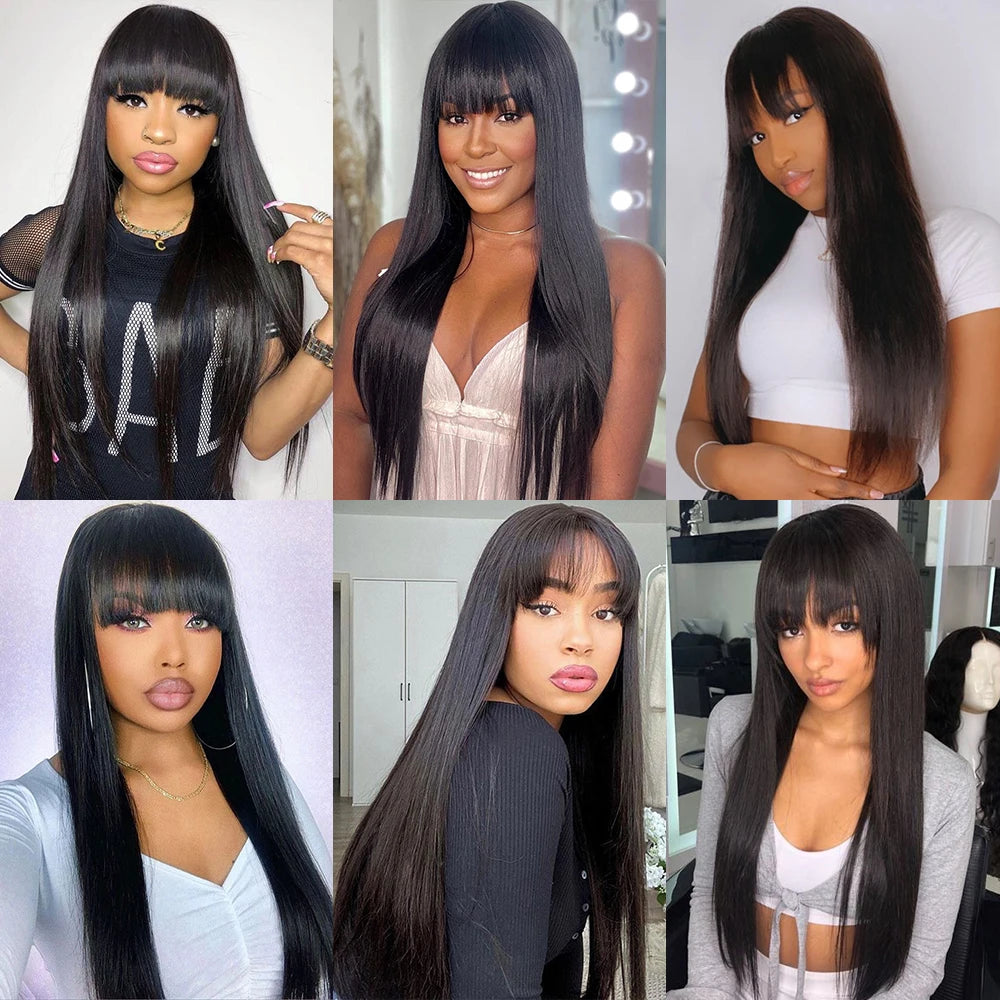 30 Inch Human Hair Wig With Bangs Straight Wigs 100% Brazilian Human Hair None Lace Frontal Wigs Glueless Wigs On Clearance Sale