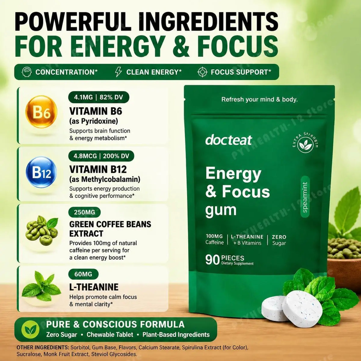 Docteat Energy & Focus Gum Chewable Tablets Zero Sugar with Green Coffee Extract, L-Theanine, Vitamin B6+B12 90 Chewable Tablets