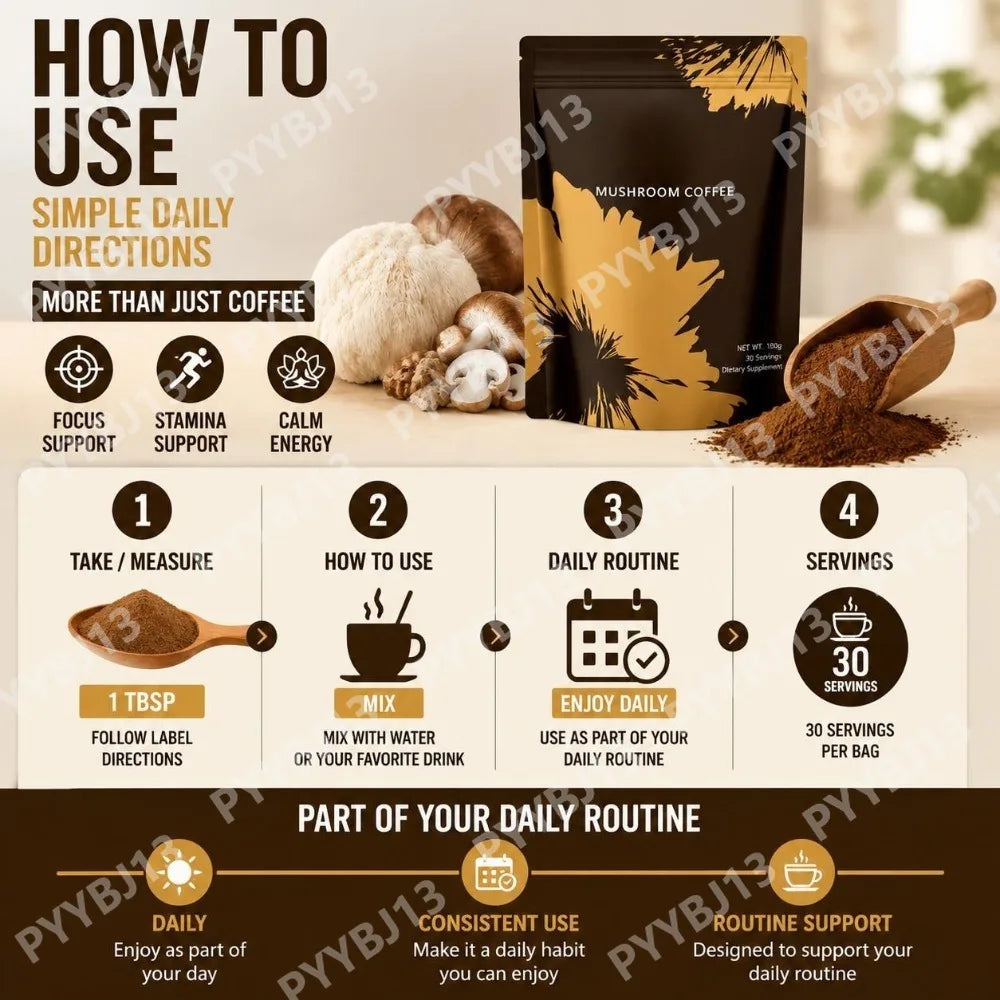 Mushroom Coffee Powder with Lion's Mane Reishi Cordyceps Blend Organic Instant Coffee for Focus Stamina Calm Energy 30 Servings