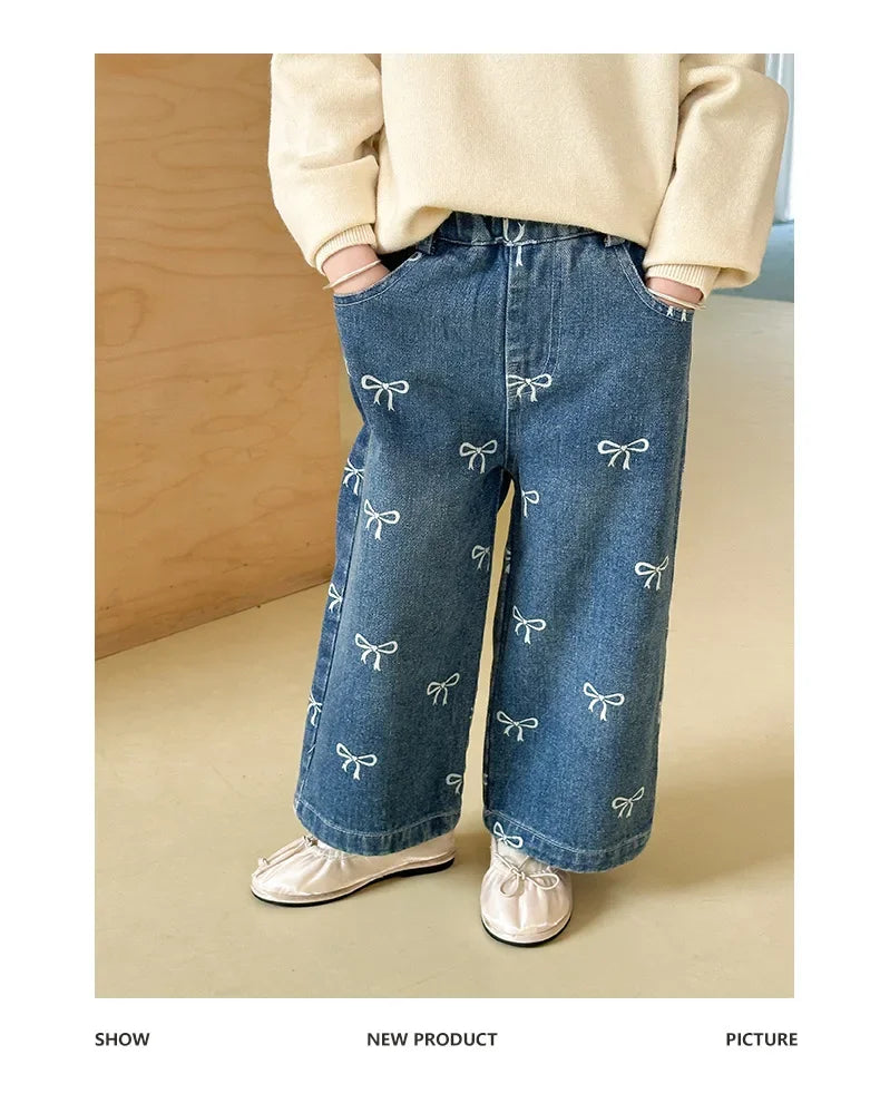 Childrens Clothing 2024 Autumn New Korean Bow Loose Jeans Trendy Girls Cute Clothes Teenage Girls Clothing