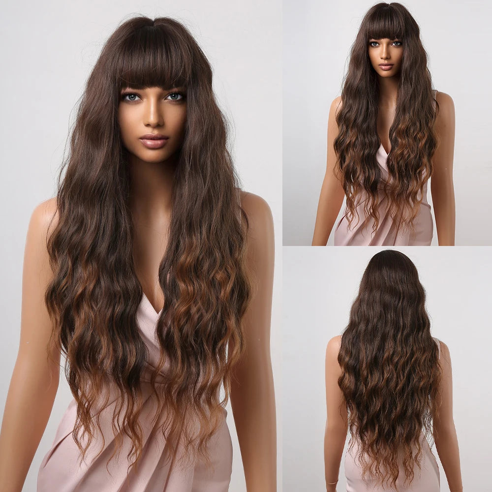 ALAN EATON Long Curly Wavy Synthetic Wigs for Women Brown to Blonde Ombre Hair Wig Ntural Middle Parted Party Wig Heat Resistant