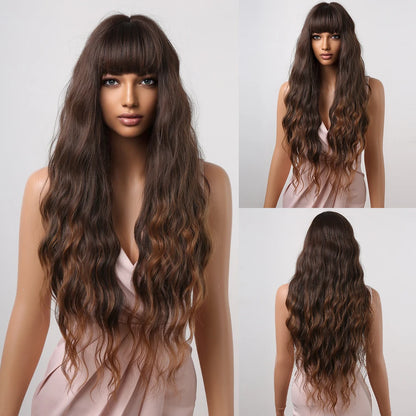 ALAN EATON Long Curly Wavy Synthetic Wigs for Women Brown to Blonde Ombre Hair Wig Ntural Middle Parted Party Wig Heat Resistant