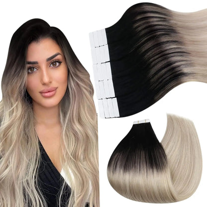 Ugeat Tape in Hair Extensions Balayage Natural Black to Ash Blonde Tape in Hair Extensions Platinum Blonde Tape in Hair for Wome