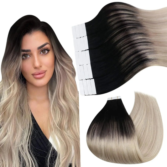 Ugeat Tape in Hair Extensions Balayage Natural Black to Ash Blonde Tape in Hair Extensions Platinum Blonde Tape in Hair for Wome