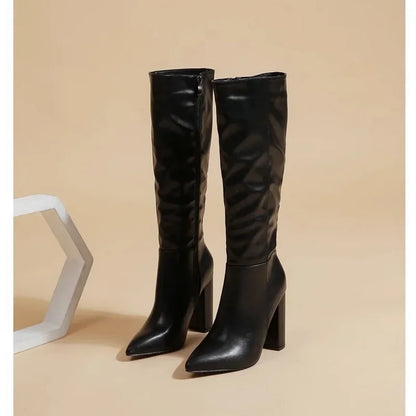 Sexy Pointed Toe Side Long Zipper Knight Boots Fashion Soft Leather Knee-high Women Boot Square High-heeledclub Dance Party Shoe