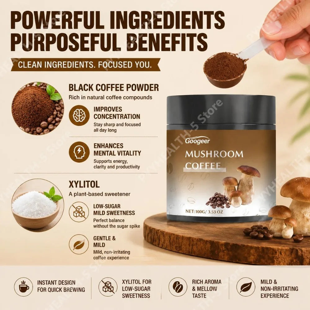 Googeer Black Coffee Powder Low-Sugar with Xylitol, Dietary Supplement for Daily Nutritional 100g Focus Support