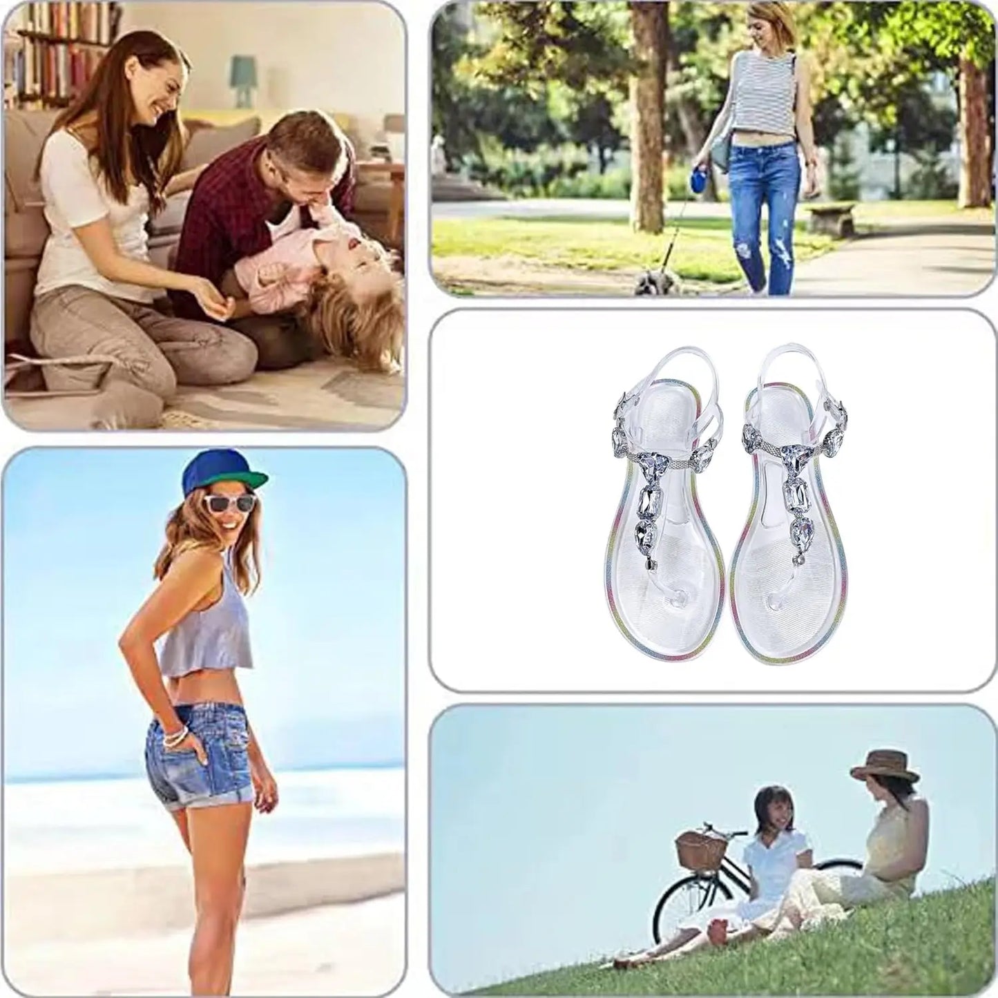 Women's Rhinestone T-Strap Clip Toe Jelly Flip Flop Sandals Summer Buckle Non-Slip Clear Crystal Thong Flat  for Beach Daily
