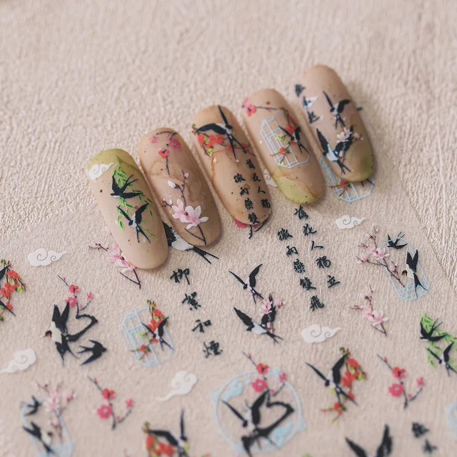 Nail Stickers Women Chinese Style Kite Swallow Bird 5D Decorations Slider Self Adhesive Nail Art Ornament Decals Sccessories DIY