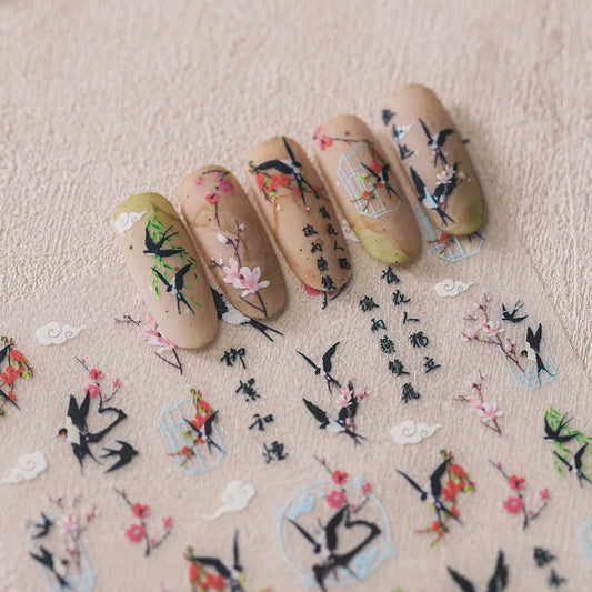 Nail Stickers Women Chinese Style Kite Swallow Bird 5D Decorations Slider Self Adhesive Nail Art Ornament Decals Sccessories DIY