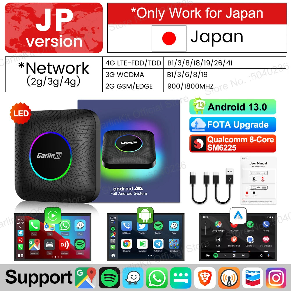 CarlinKit Android 13 SDM660 6225 CarPlay Ai Box LED 8-Cores Wireless Android Auto& CarPlay Car USB Adapter 64G 128G FOTA Upgrade