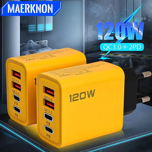 Total 120W USB Fast Charger 4 Ports PD Type C Quick Charge 3.0 Charger For iPhone 15 14 Samsung Xiaomi EU/US Plug Power Adapter