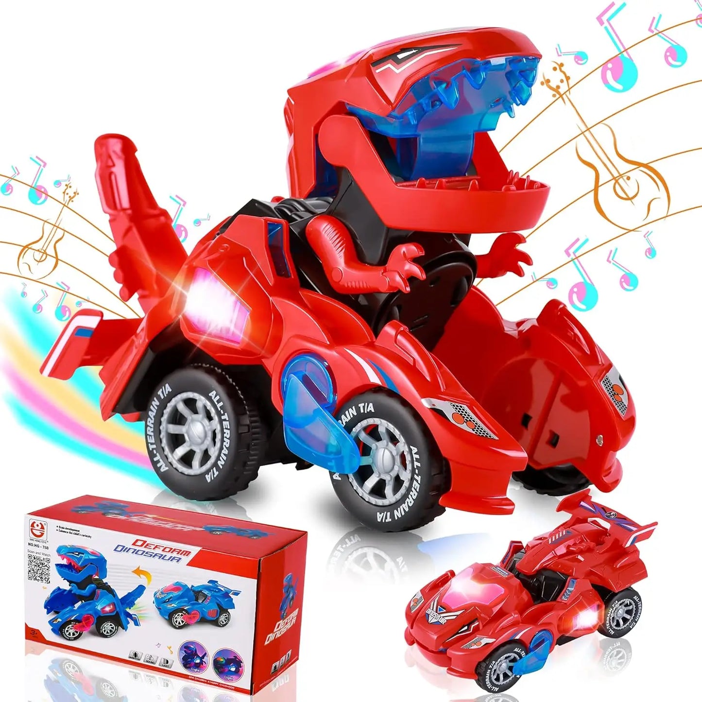 Transforming Car Dinosaur Toy for Kids, Dino Transformer Toy Car with Light Music for Toddlers 1-3, Christmas Gifts for Boys