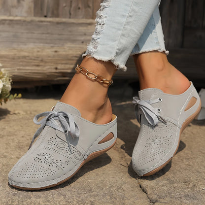 Stylish Womens Solid Color Wedge Heeled Sandals - Comfortable Slip-On Platform Shoes with Faux Leather Upper and Rubber Sole