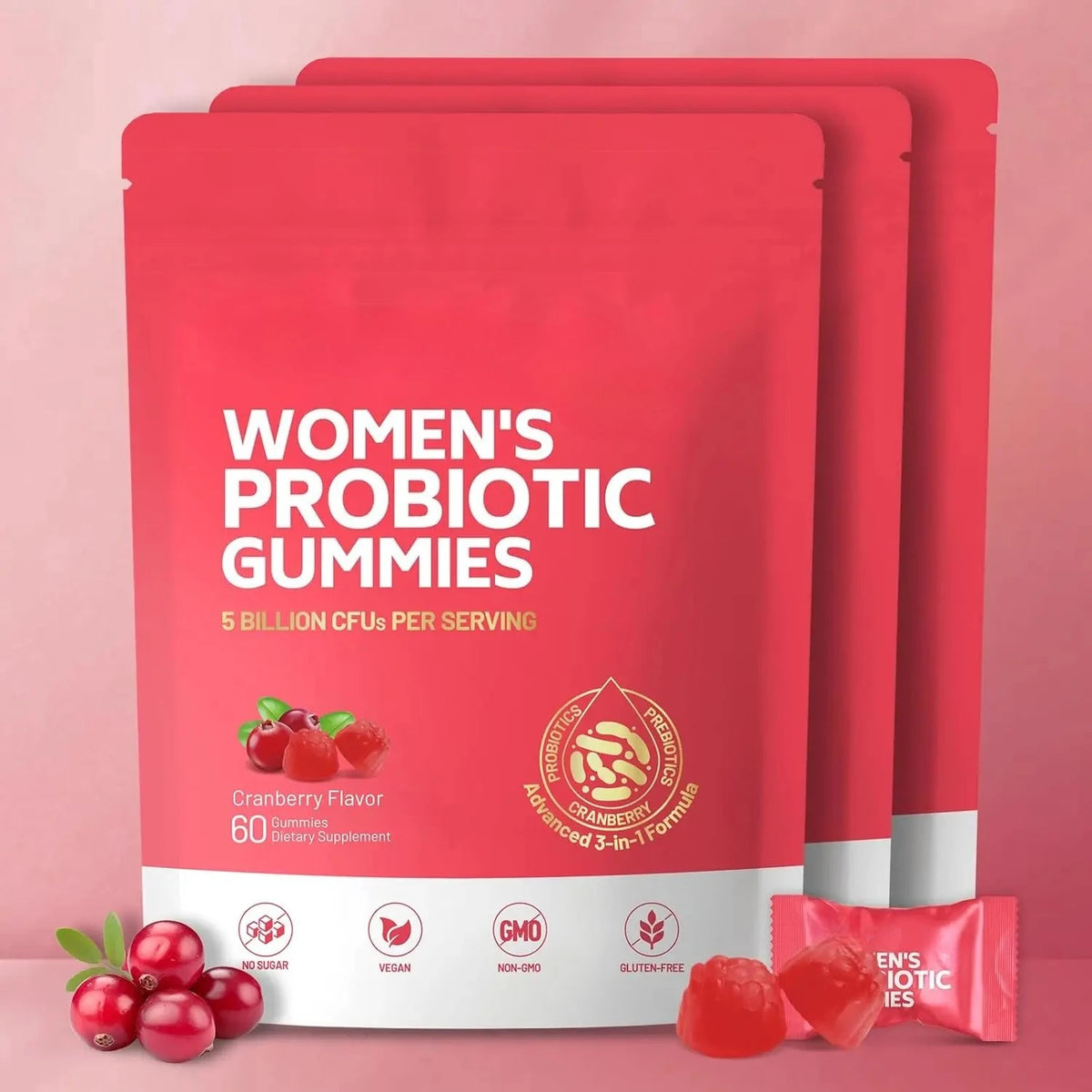 Women Probiotic Gummies with Prebiotic Fiber 5 Billion CFU Support Gut Digestive Balance Immune Defense Women PH Wellness 60 Ct
