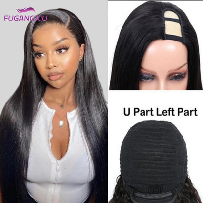 FUGANGXIU U Part Straight Wigs Human Hair No Leave Out 30 inches Glueless Wig Brazilian Hair Straight U Part Wig Natural Color