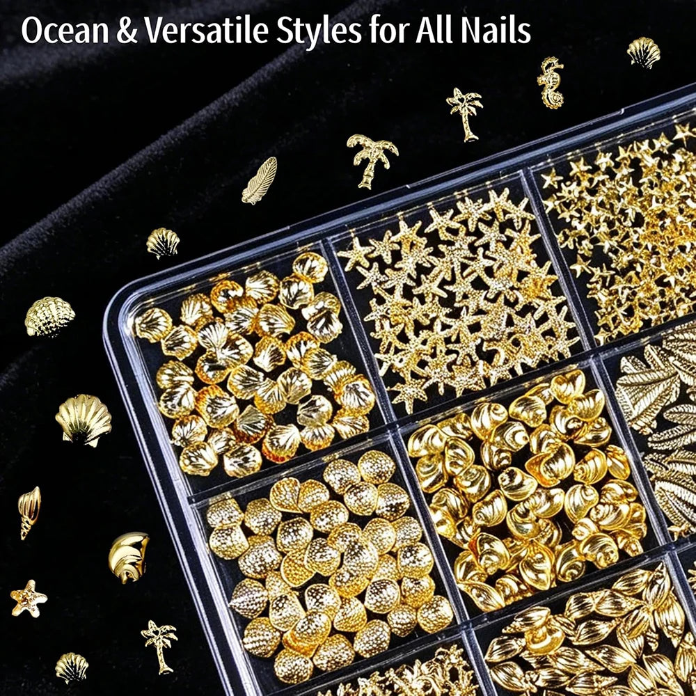 12 Shapes Mix Metal Nail Art Studs 3D Ocean Theme Design Gold Shell Seahorse Starfish Conch Alloy Nail Rivets Manicure Decor